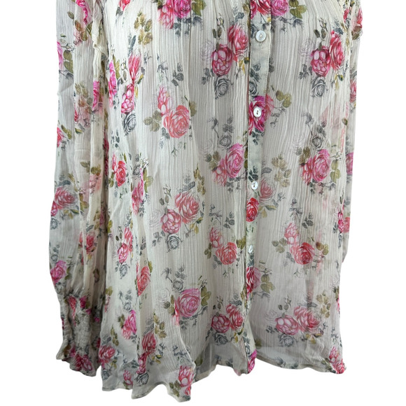 Sundance Amelia Floral Sheer Smocked Blouse Prairie Cottage Button Top Large - Picture 6 of 16